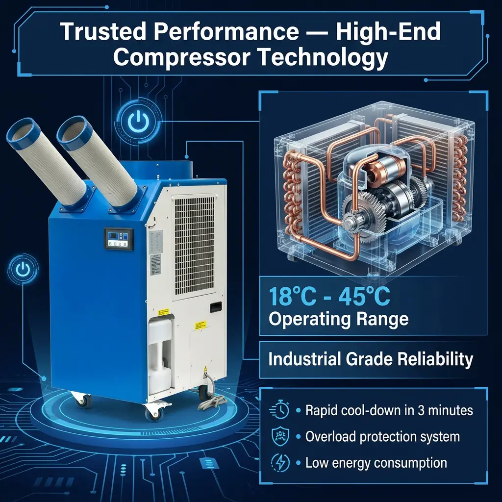 OEM 14L veľká nádrž 2700W Výkon 9300BTU Rotačný kompresor Prenosný bodový chladič Priemyselná klimatizácia pre dielňu OEM 14L veľká nádrž 2700W Výkon 9300BTU Rotačný kompresor Prenosný bodový chladič Priemyselná klimatizácia pre dielňu