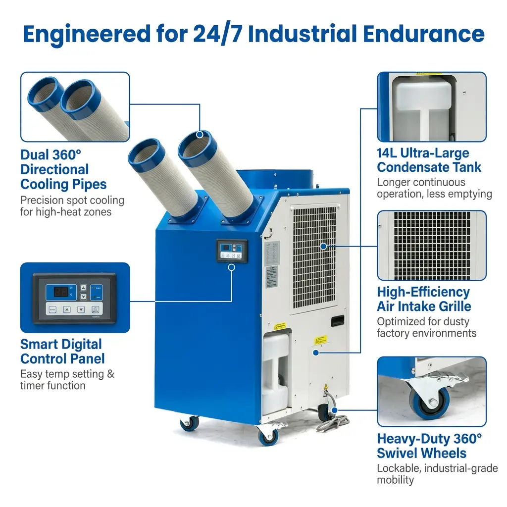 OEM 14L veľká nádrž 2700W Výkon 9300BTU Rotačný kompresor Prenosný bodový chladič Priemyselná klimatizácia pre dielňu